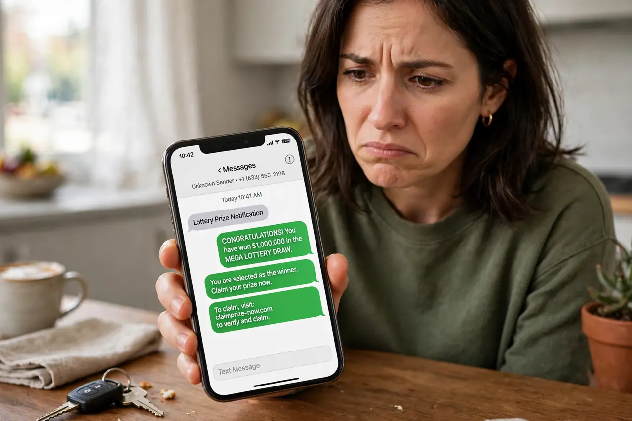 A person looking suspiciously at a real phone showing a legible text message claiming a lottery win, the person's face skeptical, kitchen table, daylight.