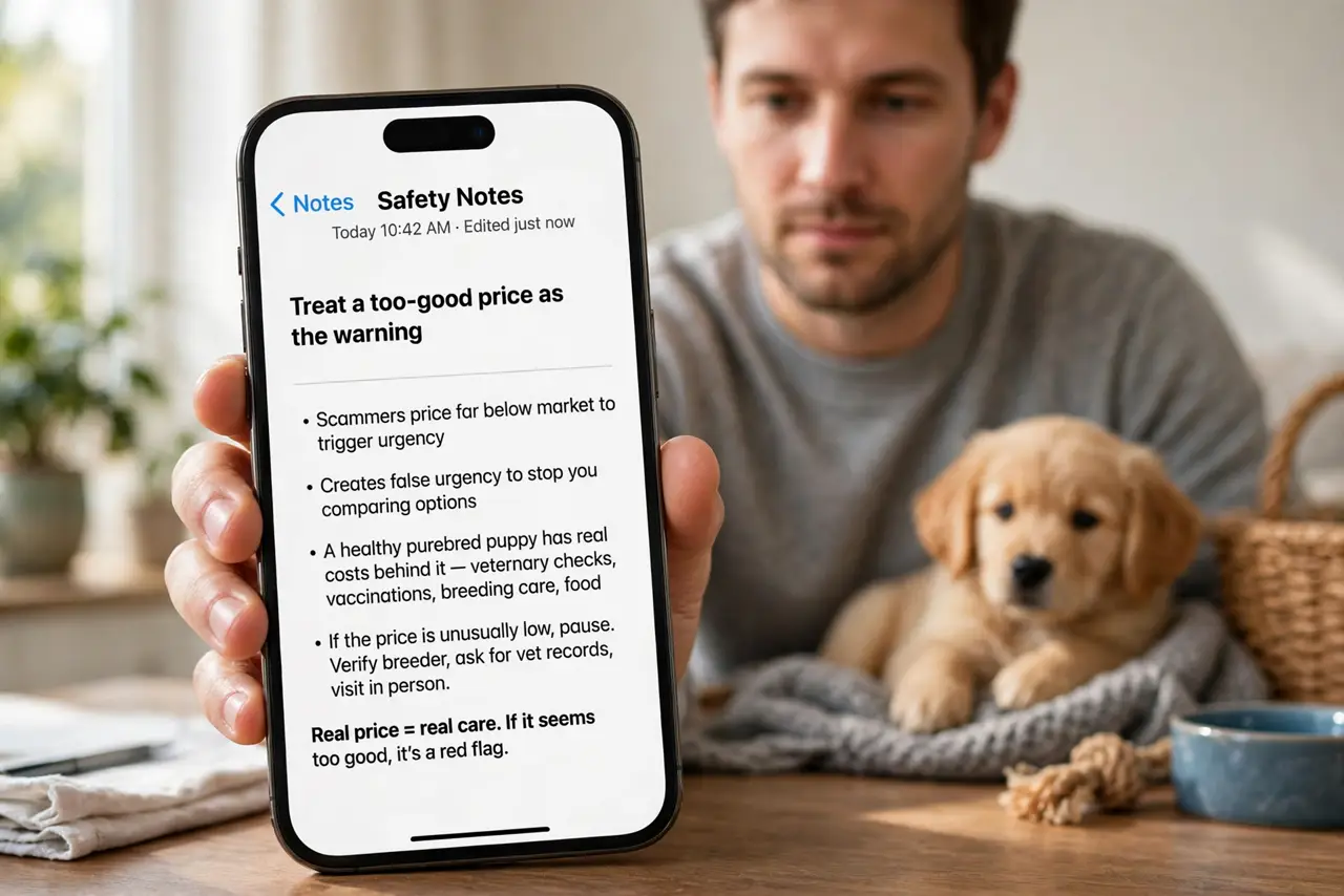 A person performing step 1: Treat a too-good price as the warning. Scammers price below market to trigger urgency and stop you comparing. .