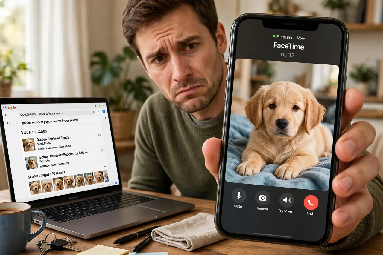 A person video-calling on a real phone with a skeptical expression, the phone screen showing a legible video call with a puppy, a laptop beside them showing a.