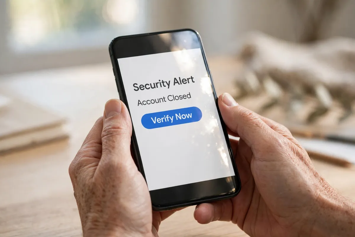 Hands holding a phone showing a suspicious email with a Security Alert sender, an Account Closed subject and a Verify Now button.