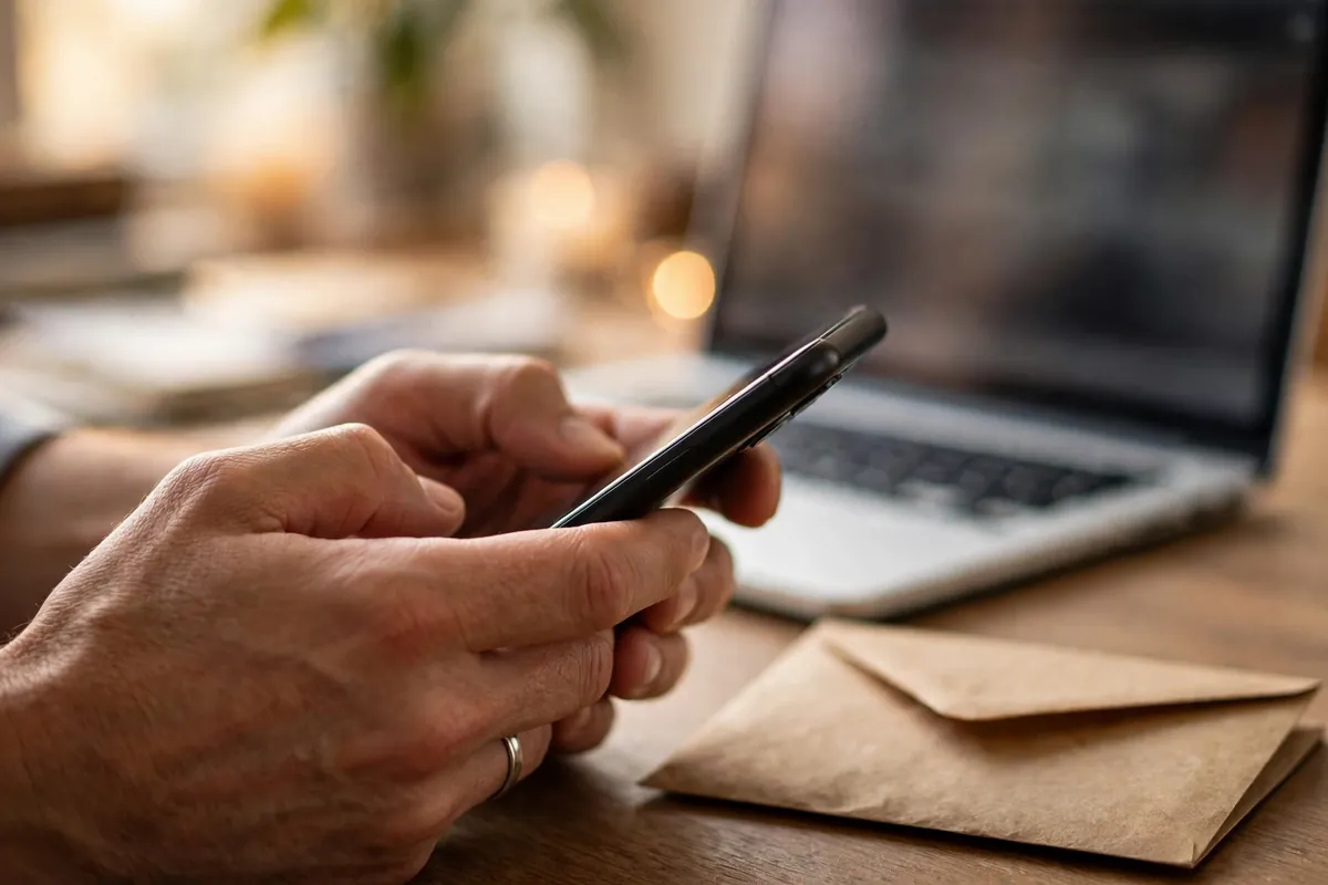Hands holding a smartphone over a desk, checking a message carefully, with an envelope beside it.