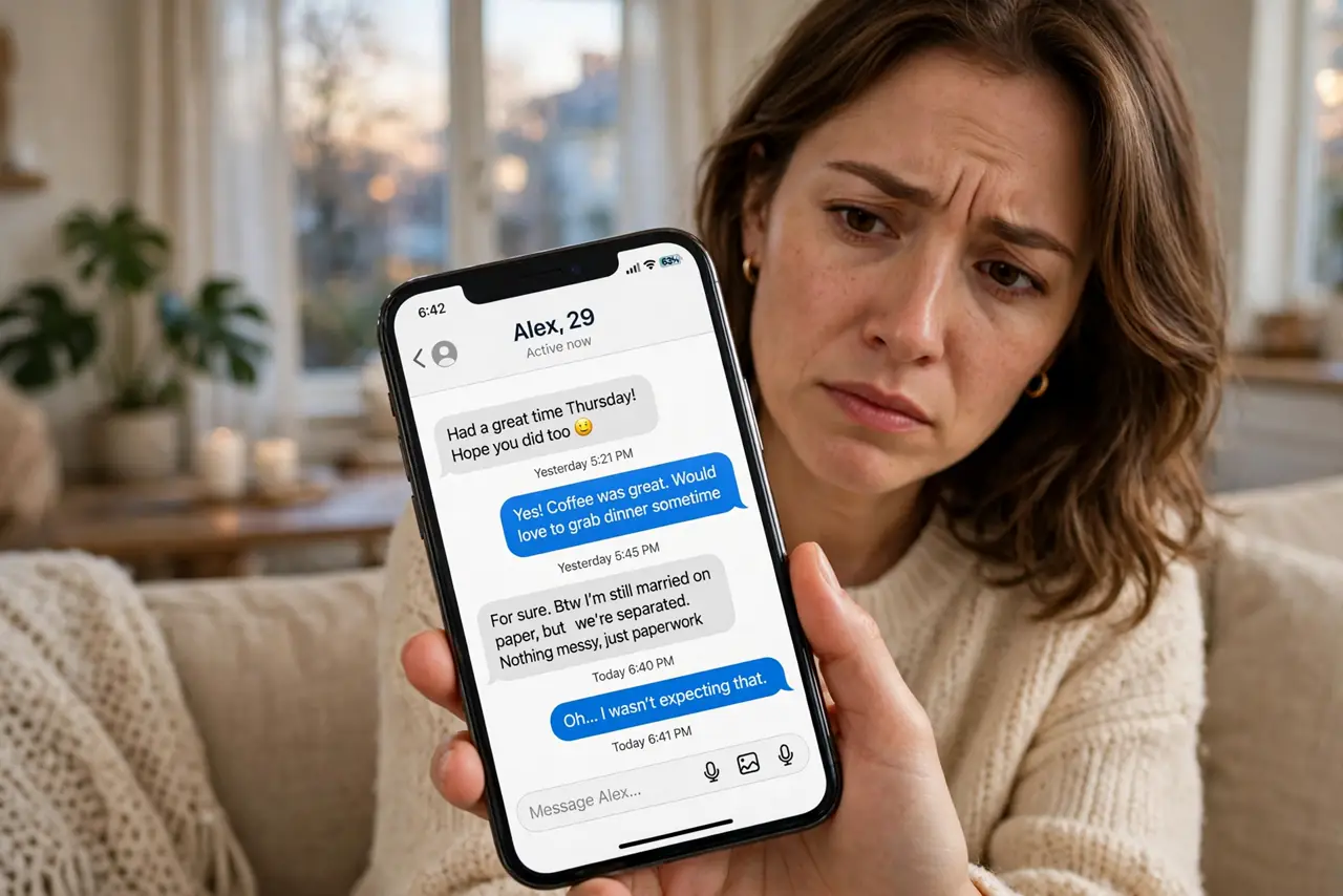A person at home holding a real phone showing a dating app chat with legible messages, the person's face going from hopeful to suspicious, living room evening..
