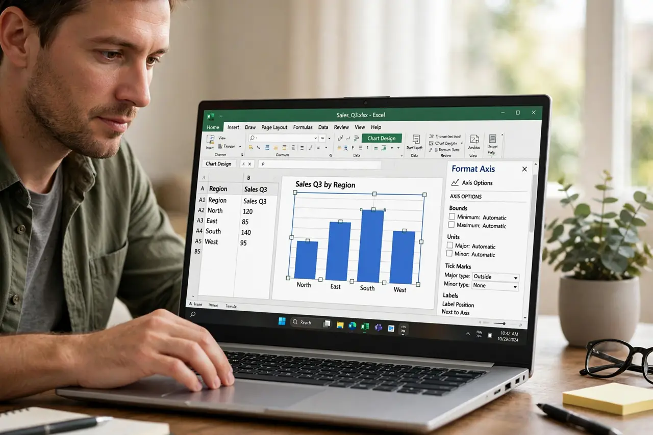 A person performing step 1 of the guide: Select the chart. Click the chart so its editing options appear. The axis controls only show when the chart is selected.