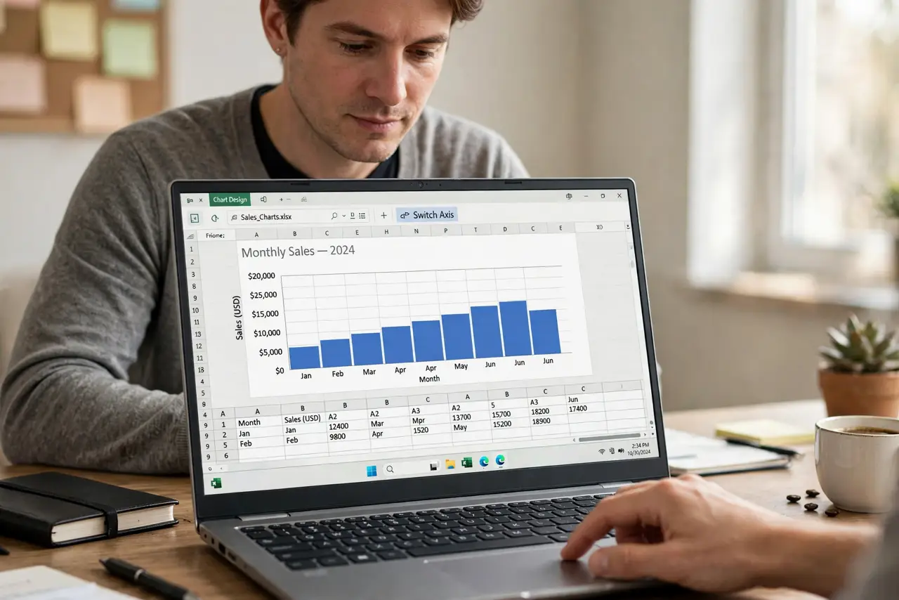 a calm adult at a desk with a real Windows laptop, the screen showing a spreadsheet chart with fully legible axes and a switch axis button, the person clicking it. No black screen, no blank white screen, no fake or ga...