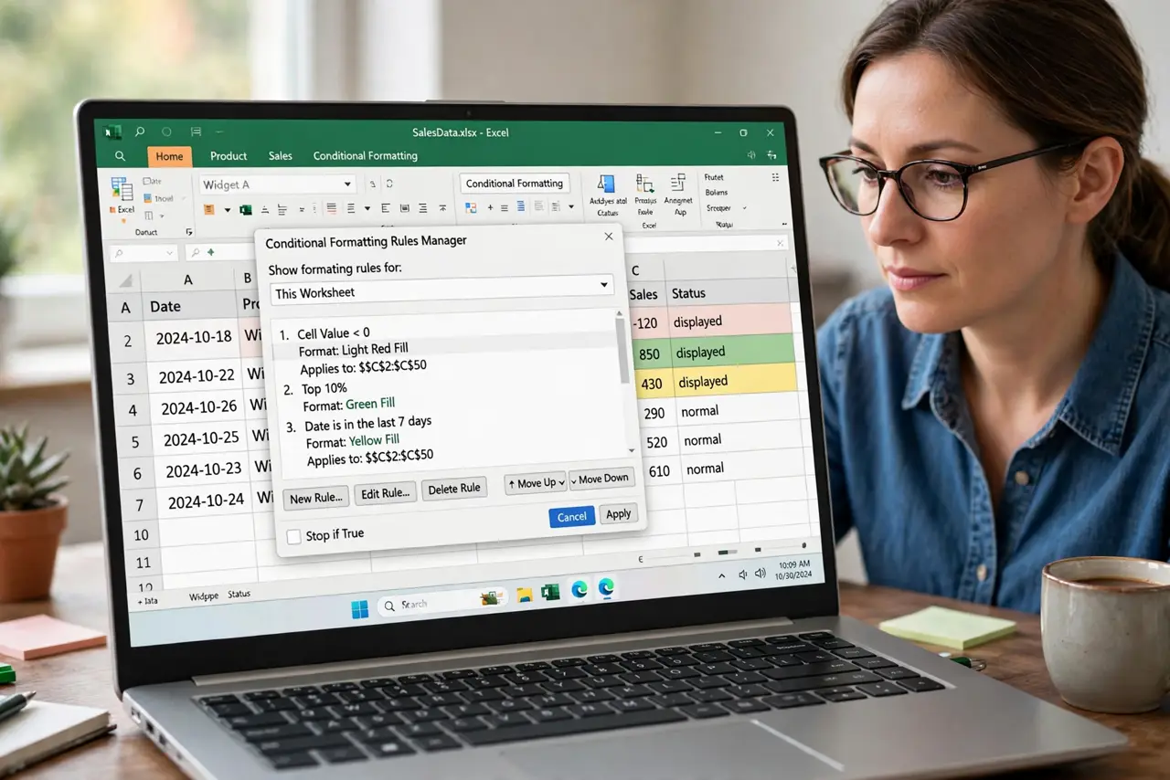 A person performing step 1 of the guide: Open the rules manager. Find conditional formatting rules in the format menu. The manager shows every rule in the order they apply, top to bottom.