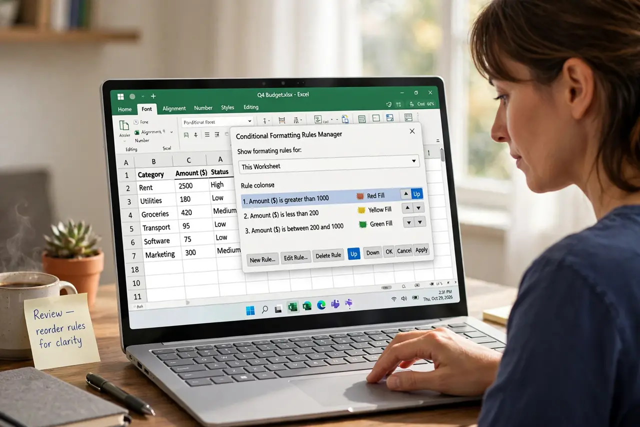 a calm adult at a desk with a real Windows laptop, the screen showing a spreadsheet with a conditional formatting rules list fully legible, the person reordering the rules. No black screen, no blank white screen, no f...