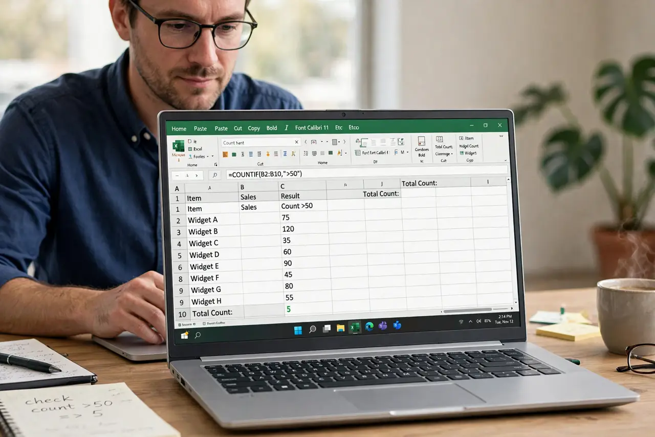 a calm adult at a desk with a real Windows laptop, the screen showing a spreadsheet with a COUNTIF formula and fully legible cell values, the person checking the count. No black screen, no blank white screen, no fake ...