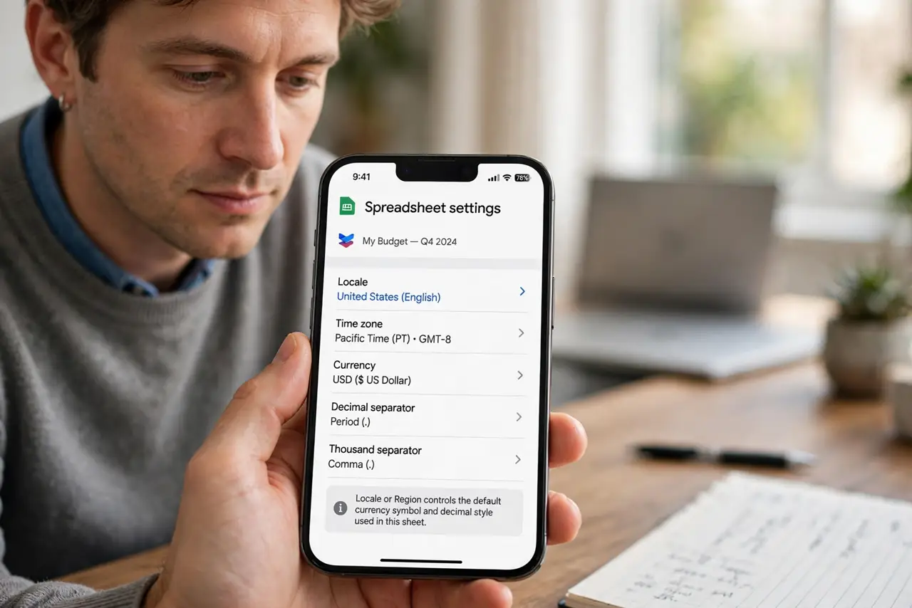 A person performing step 1 of the guide: Find the sheet's locale setting. Open the spreadsheet settings and look for Locale or Region. That one setting decides which currency...