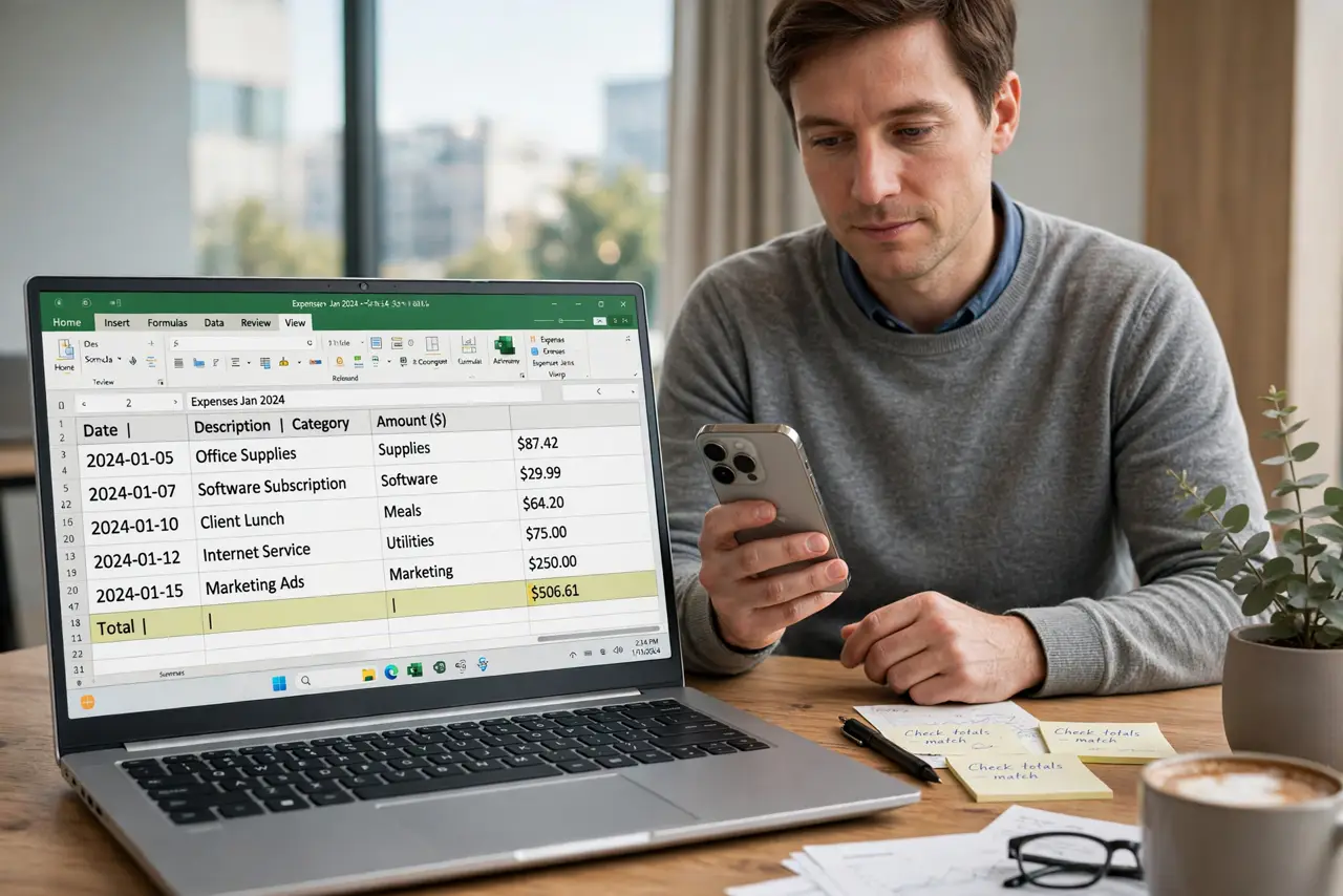 a calm adult at a desk with a real Windows laptop, a spreadsheet open showing a normal currency column with legible dollar amounts, the person comparing the screen with a phone