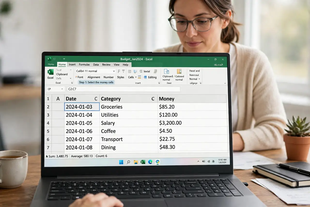 Person performing step 1: Select the money cells. Select the cells that hold money values, not the whole sheet. Formatting only the money cells avoids changing...