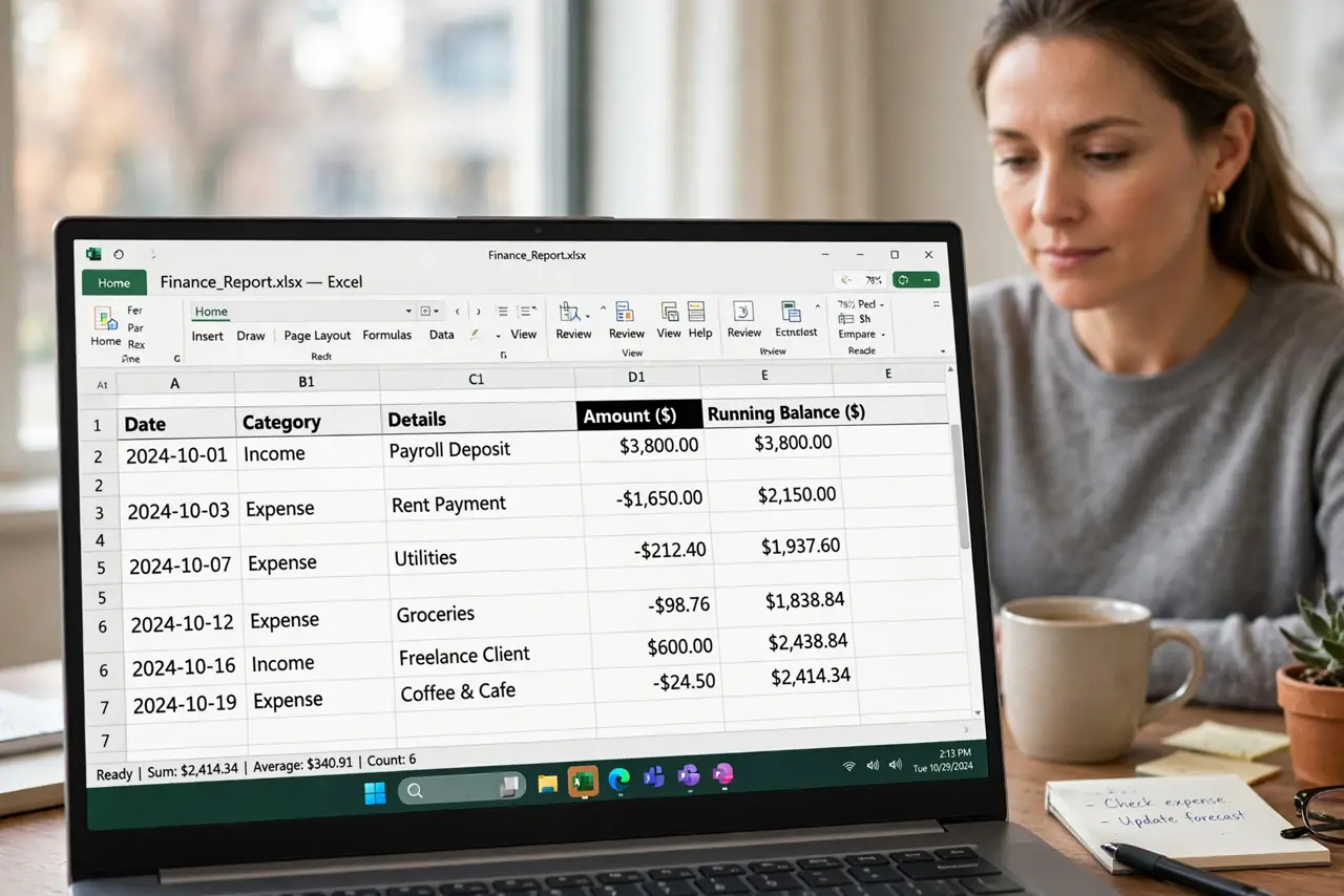 Photorealistic photo: A calm adult at a desk with a real Windows laptop, a spreadsheet open on screen with a money column visible, screen text legible.
