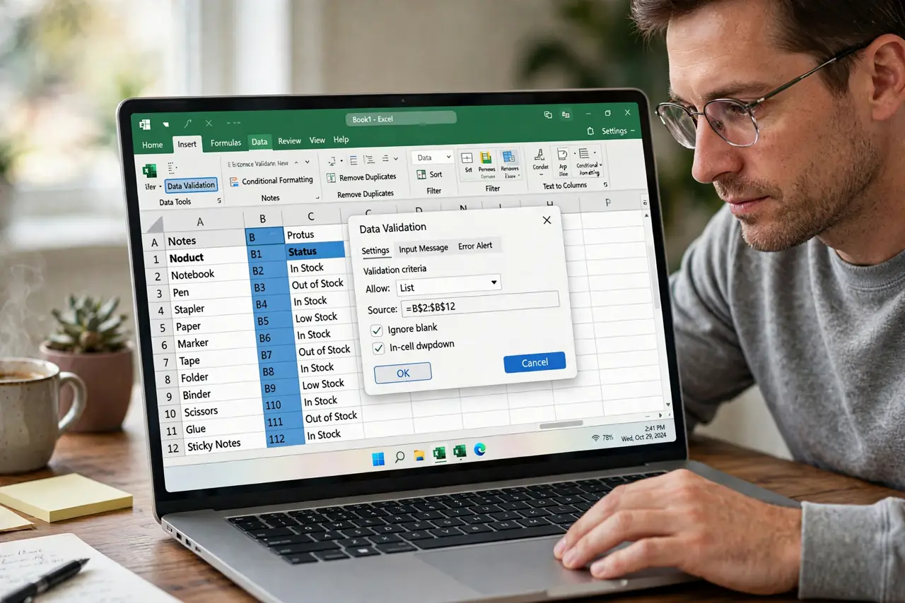 A person performing step 1 of the guide: Select the cells to control. Highlight the column or range where entries must stay consistent. Validation applies to the selection, so select first and configure second.