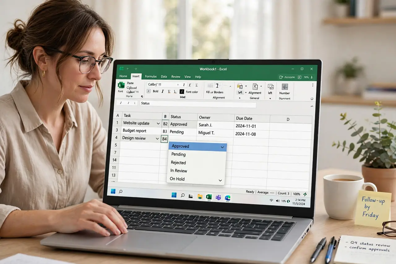 a calm adult at a desk with a real Windows laptop, the screen showing a spreadsheet cell with an open dropdown list fully legible, the person selecting an option. No black screen, no blank white screen, no fake or gar...