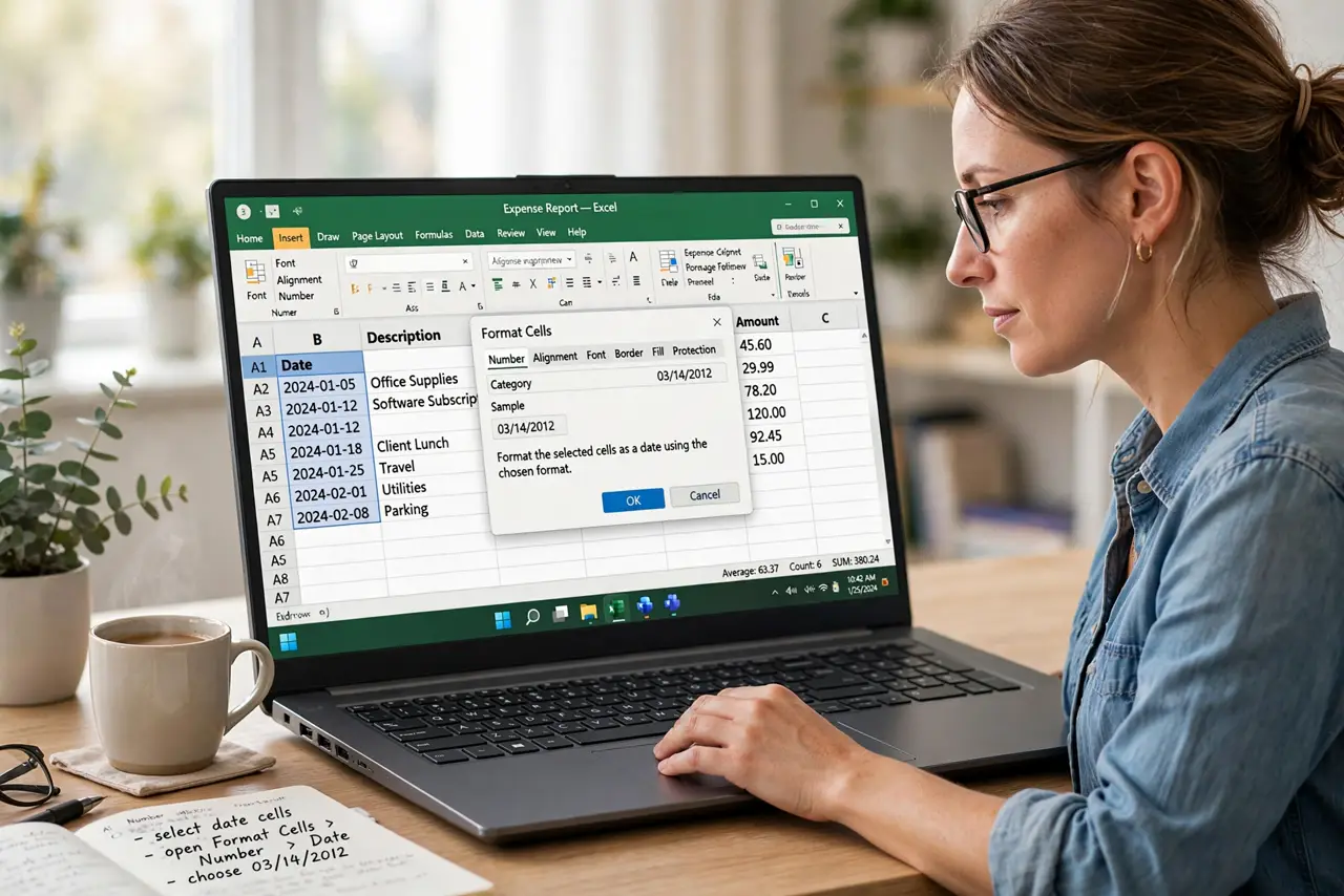 Person performing step 1: Select the date cells and set an explicit format. Select the affected cells, open format options, and choose an explicit date format,...