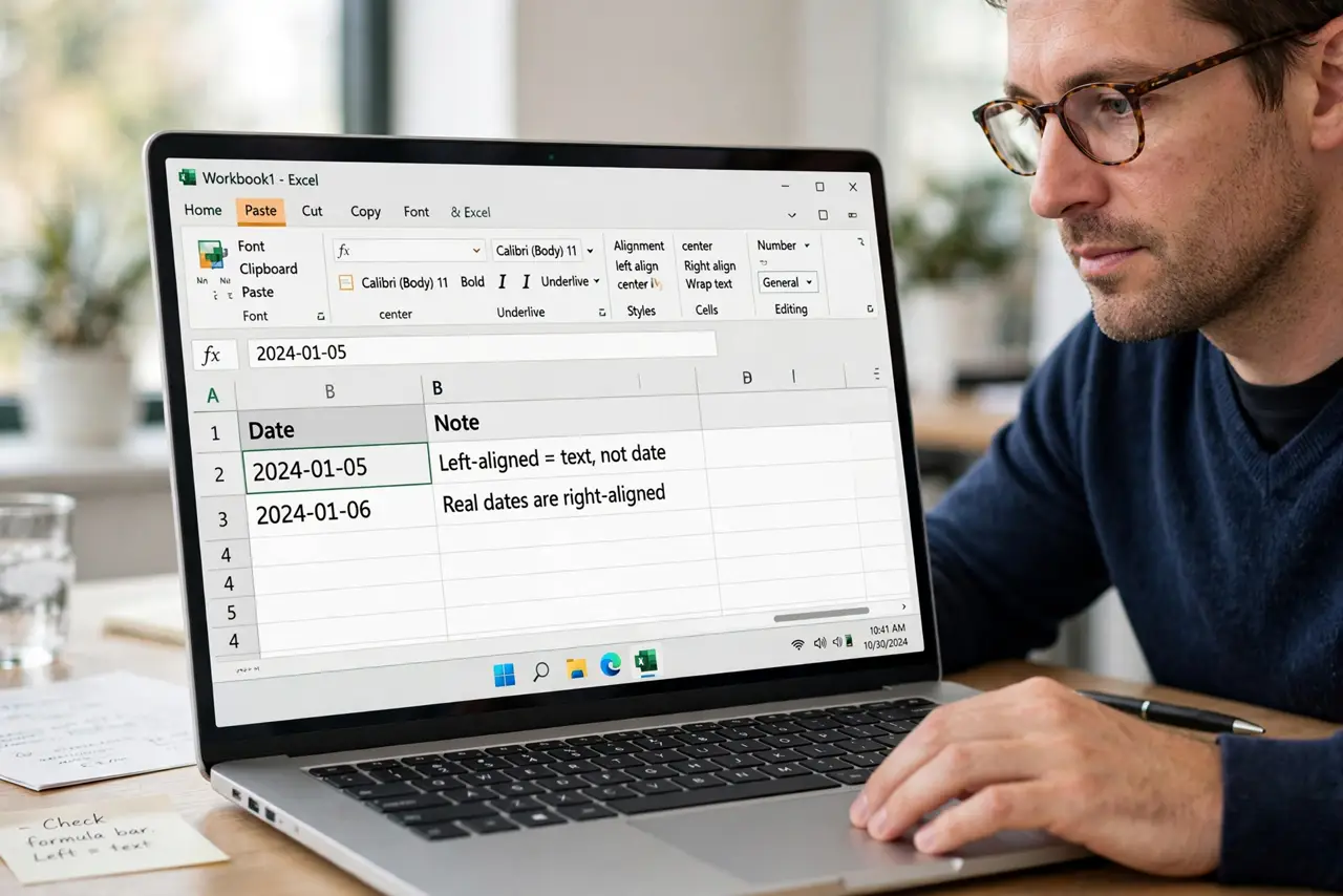 A person performing step 1 of the guide: Check whether the dates are really text. Click a date cell and look at the formula bar. If the value sits left-aligned or formulas...