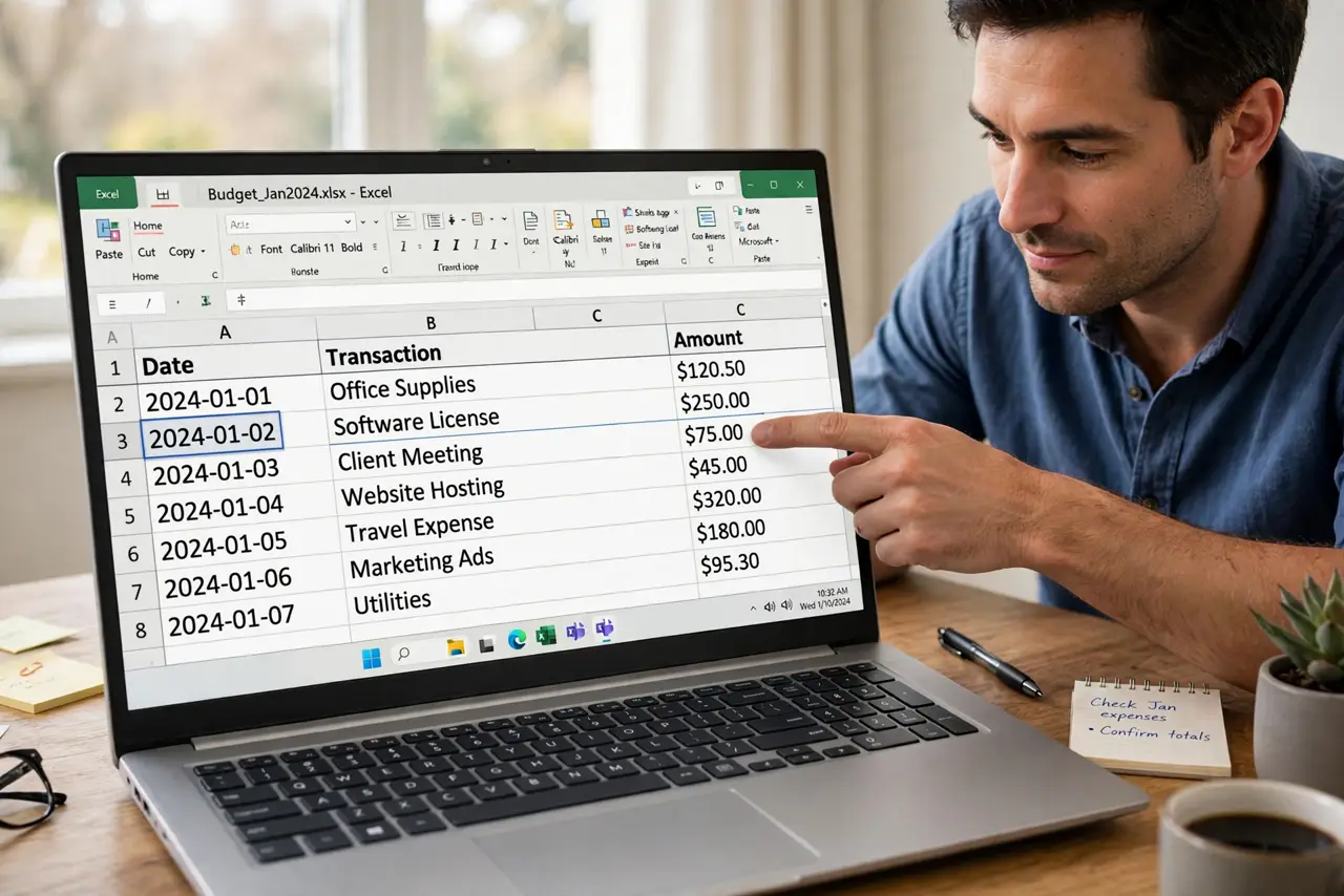 a calm adult at a desk with a real Windows laptop, a spreadsheet open showing a normal date column with crisp legible text, the person pointing at the dates on screen