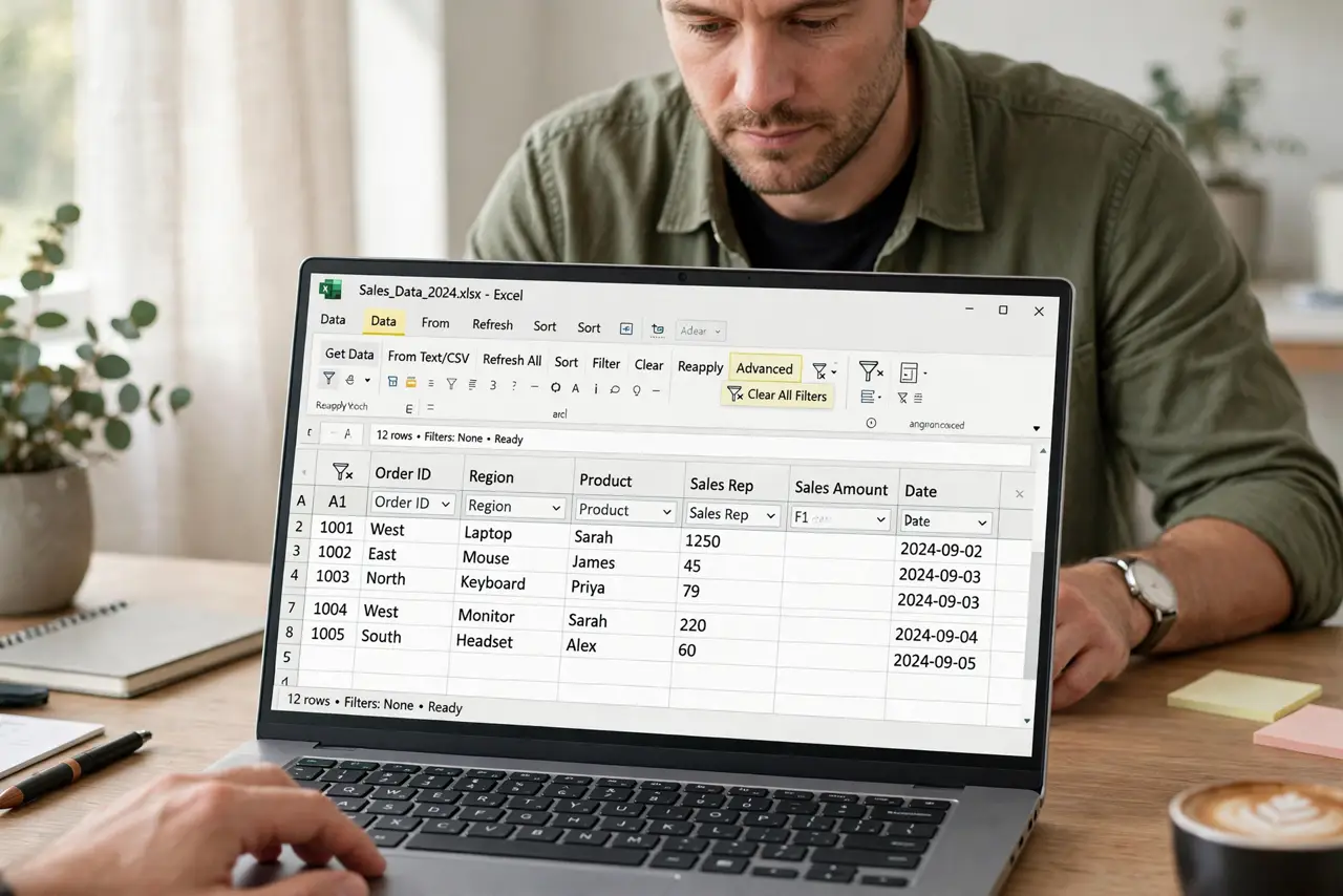 Person performing step 1: Clear all filters on the sheet. Open the filter menu and choose Clear filter, or turn the filter off entirely. A filter left on from an...