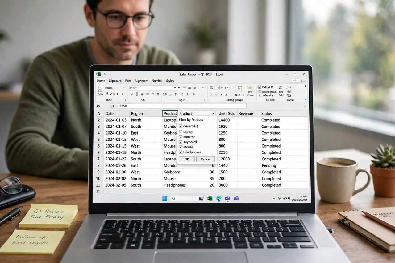 Photorealistic photo: A calm adult at a desk with a real Windows laptop, a spreadsheet open on screen with a filter menu visible and all rows shown, screen text legible.