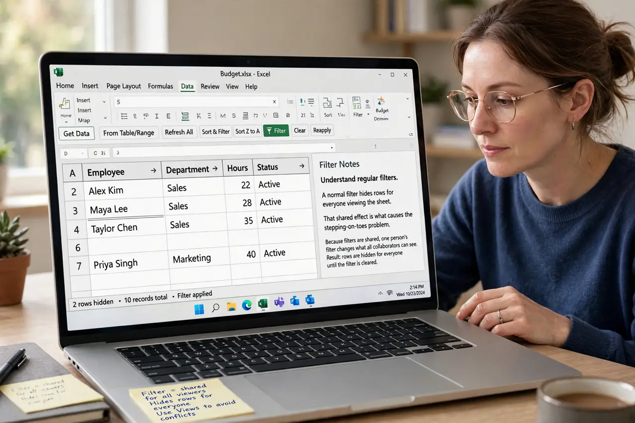 A person performing step 1 of the guide: Understand regular filters. A normal filter hides rows for everyone viewing the sheet. That shared effect is what causes the stepping-on-toes problem.