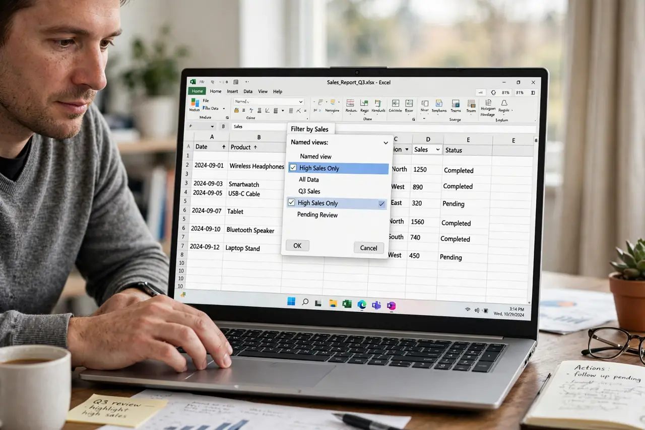 a calm adult at a desk with a real Windows laptop, the screen showing a spreadsheet with a filter view dropdown fully legible, the person choosing a named view. No black screen, no blank white screen, no fake or garbl...