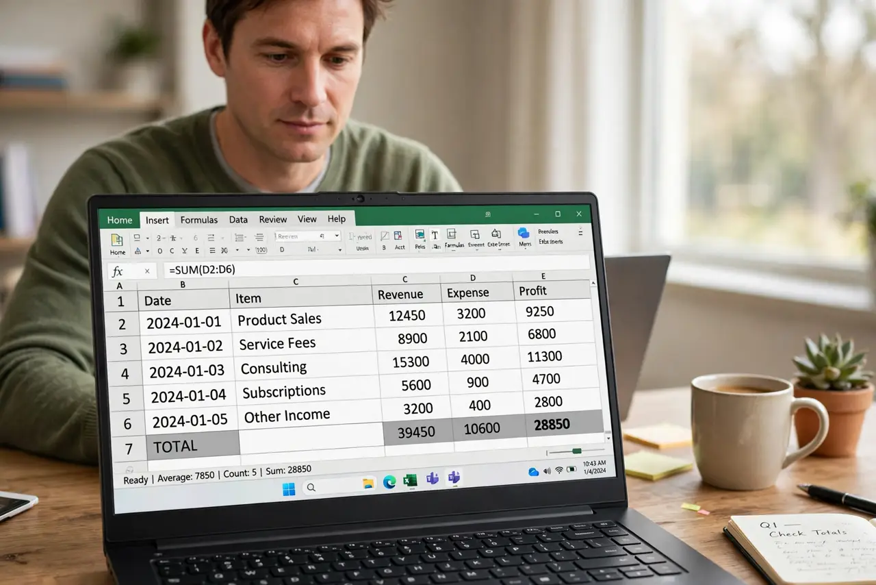 Photorealistic photo: A calm adult at a desk with a real Windows laptop, a spreadsheet open on screen with a formula bar visible, screen text legible.