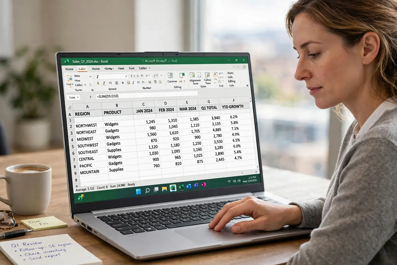 a calm adult at a desk with a real Windows laptop, the screen showing a spreadsheet with frozen header rows and columns fully legible, the person scrolling the sheet. No black screen, no blank white screen, no fake or...