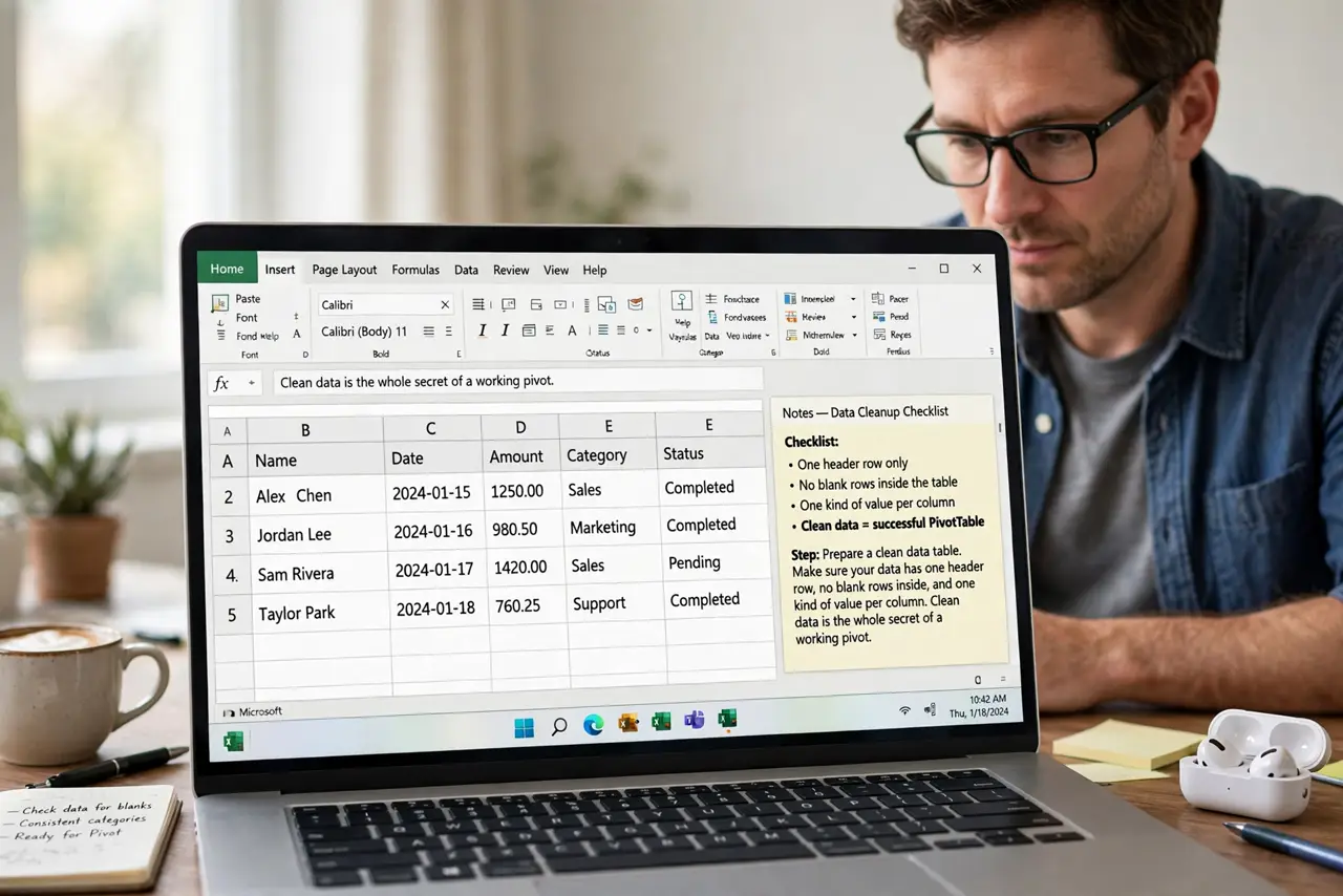 A person performing step 1 of the guide: Prepare a clean data table. Make sure your data has one header row, no blank rows inside, and one kind of value per column. Clean data is the whole secret of a working pivot.