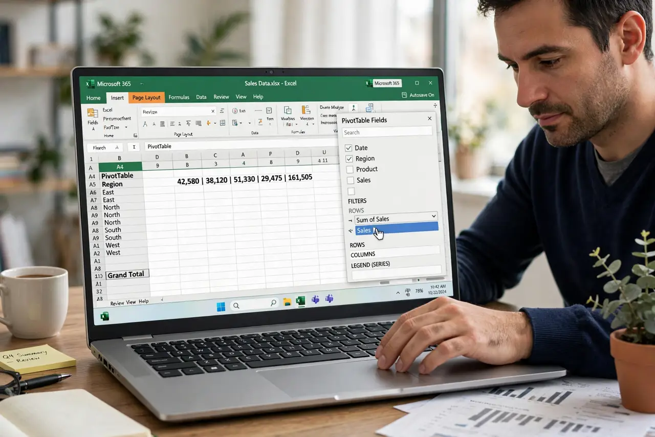 a calm adult at a desk with a real Windows laptop, the screen showing a spreadsheet with a pivot table field list fully legible beside a summary table, the person dragging a field. No black screen, no blank white scre...