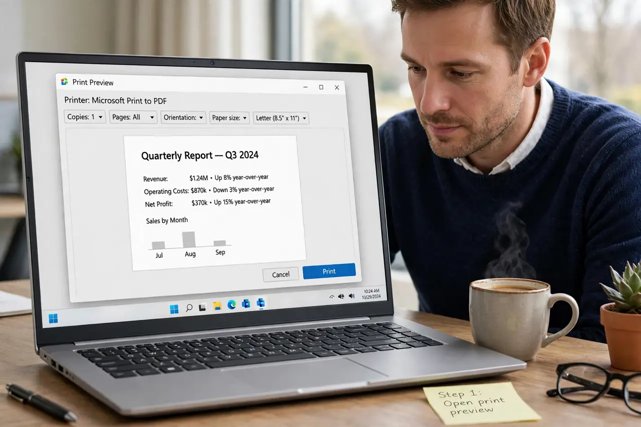 Person performing step 1: Open print preview first. Open print preview before printing anything. The preview shows exactly which columns fall off the page, so you...