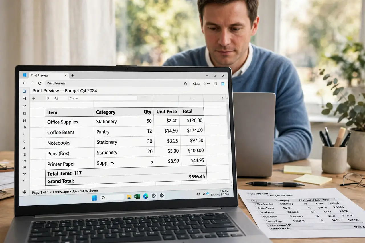 Photorealistic photo: A calm adult at a desk with a real Windows laptop, a spreadsheet print preview open on screen showing full columns, a printed page beside it, screen text legible.