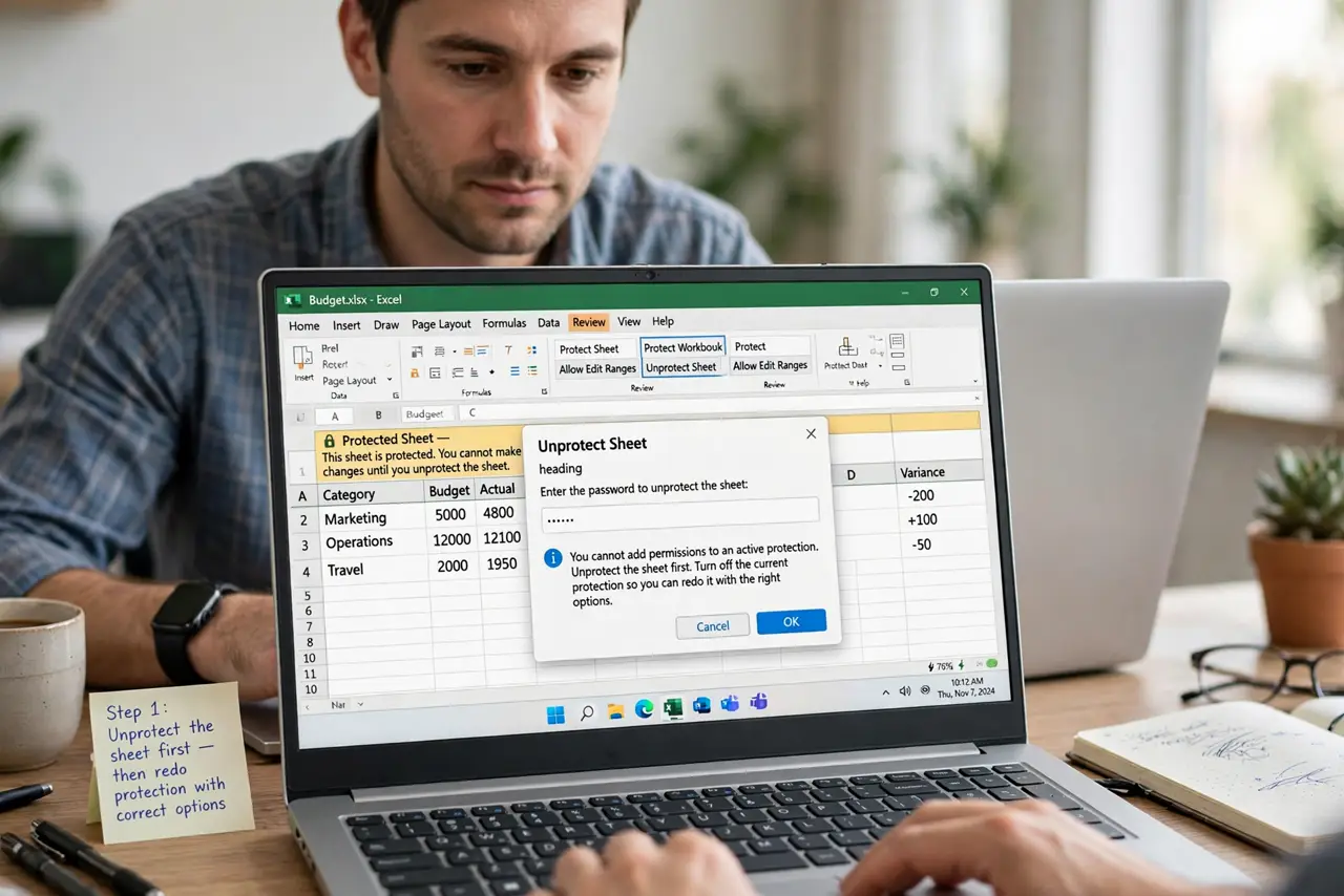 A person performing step 1 of the guide: Unprotect the sheet first. Turn off the current protection so you can redo it with the right options. You cannot add permissions to an active protection.