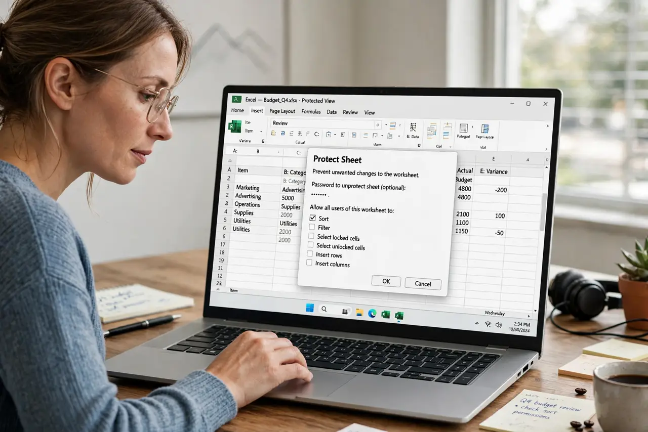 a calm adult at a desk with a real Windows laptop, the screen showing a spreadsheet protection dialog with fully legible allow checkboxes, the person checking sort. No black screen, no blank white screen, no fake or g...