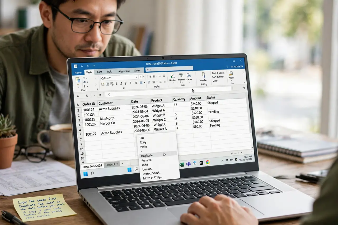 A person performing step 1 of the guide: Copy the sheet first. Duplicate the sheet or the data before you start. A copy is your undo button if the wrong rows survive.