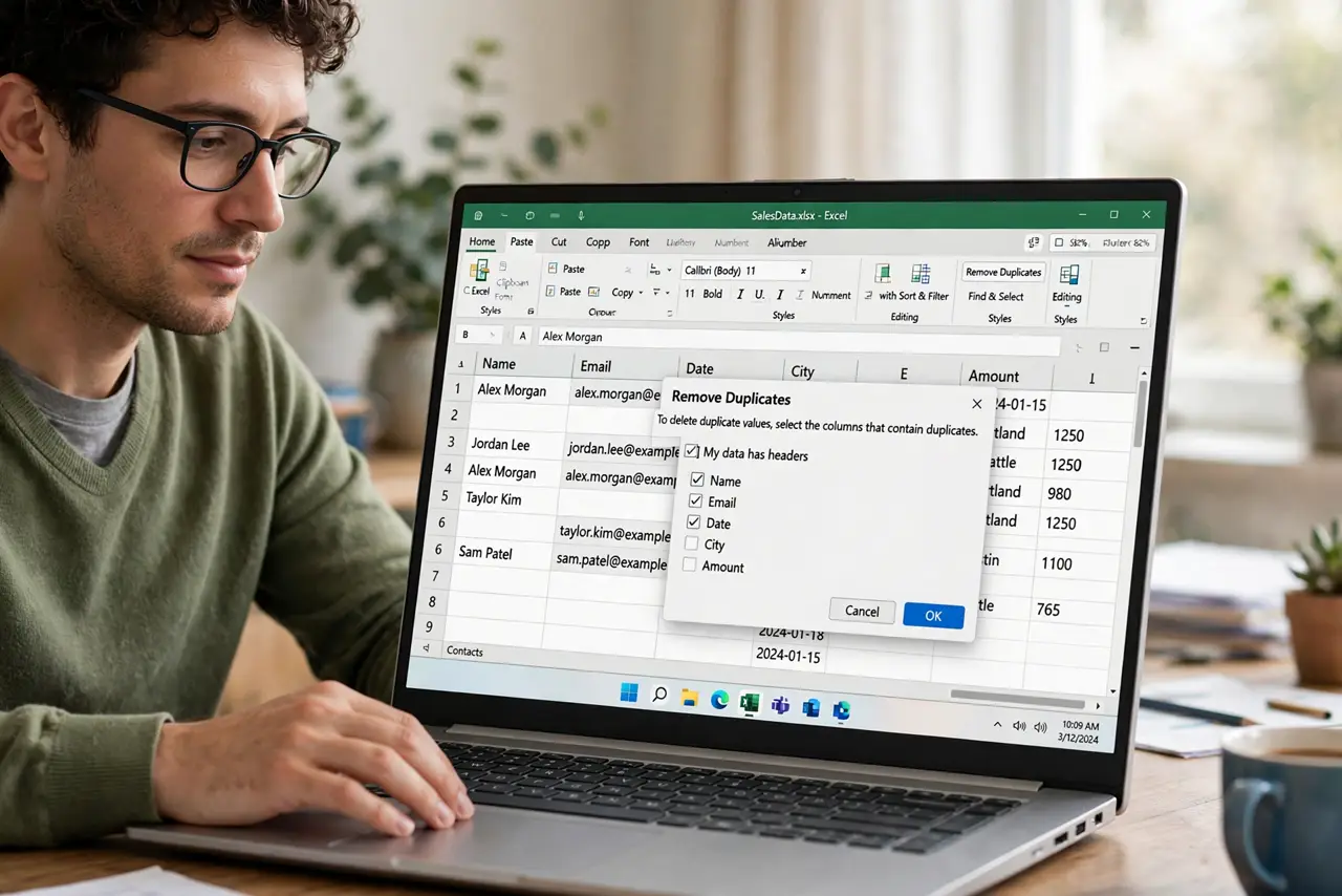 a calm adult at a desk with a real Windows laptop, the screen showing a spreadsheet with the remove duplicates dialog fully legible, the person choosing the columns. No black screen, no blank white screen, no fake or ...