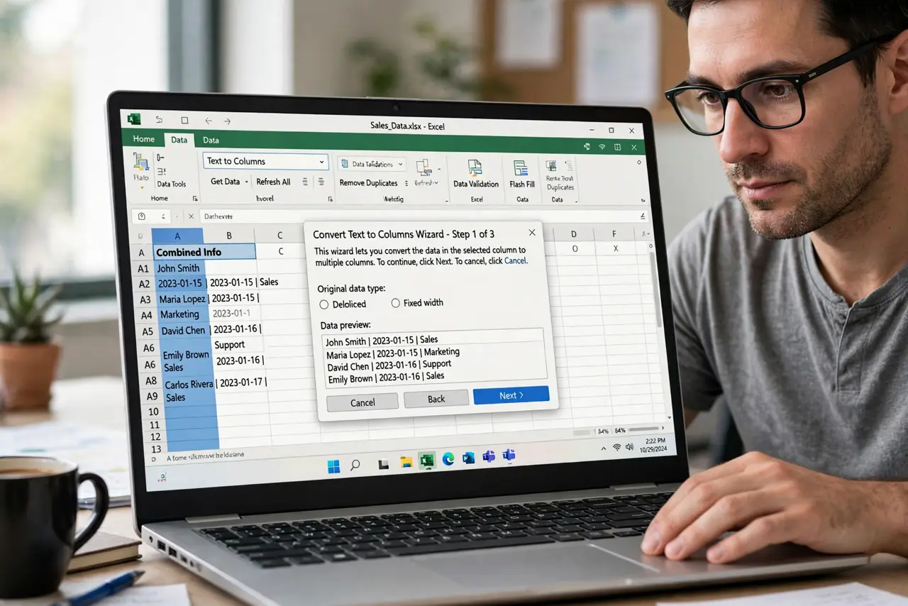 A person performing step 1 of the guide: Select the column to split. Highlight the single column holding the combined text. Text to columns works on the selection, so select before opening the tool.