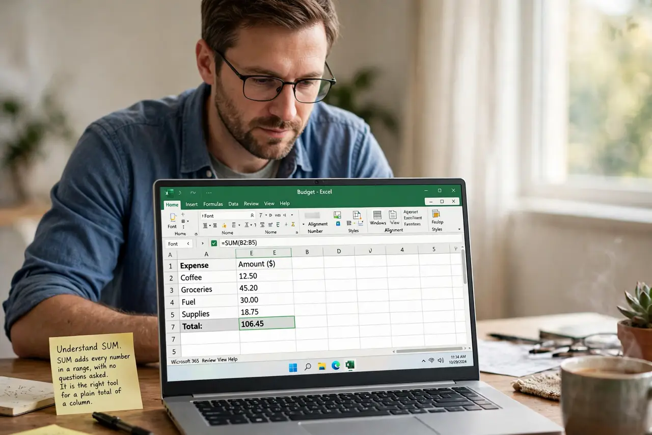 A person performing step 1 of the guide: Understand SUM. SUM adds every number in a range, with no questions asked. It is the right tool for a plain total of a column.