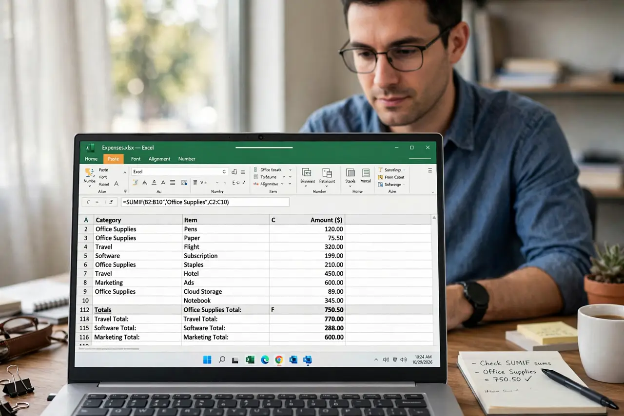a calm adult at a desk with a real Windows laptop, the screen showing a spreadsheet with a SUMIF formula and fully legible totals, the person comparing the results. No black screen, no blank white screen, no fake or g...