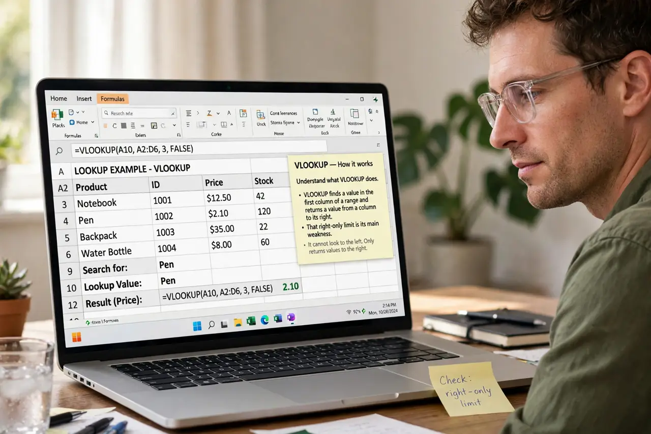 A person performing step 1 of the guide: Understand what VLOOKUP does. VLOOKUP finds a value in the first column of a range and returns a value from a column to its right. That right-only limit is its main weakness.