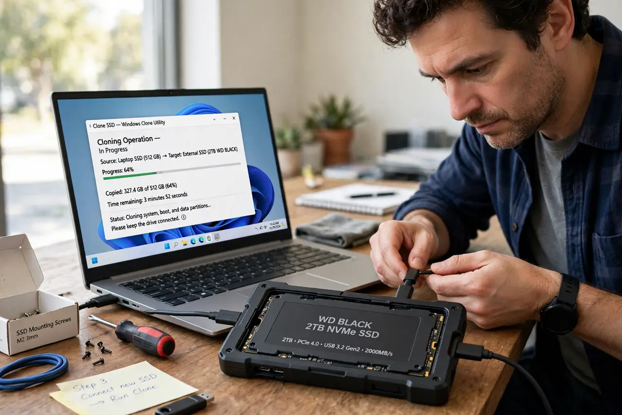 a person connecting a real new SSD via a USB adapter to a real laptop showing cloning software with a legible progress bar, the person's face focused, desk with screwdriver nearby.