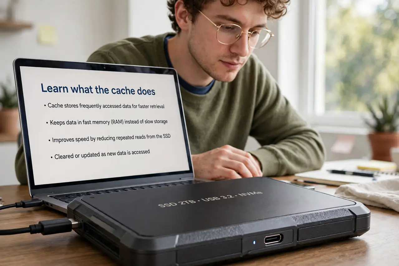A person calmly performing the guide's first step: Learn what the cache does.