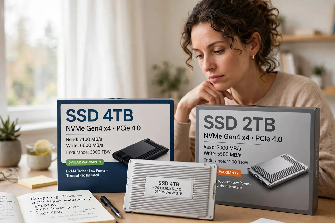 a person comparing two real SSD boxes on a desk with spec labels legible, the person's face thoughtful, well-lit room. No black screen, no blank white screen, no fake or garbled sc.