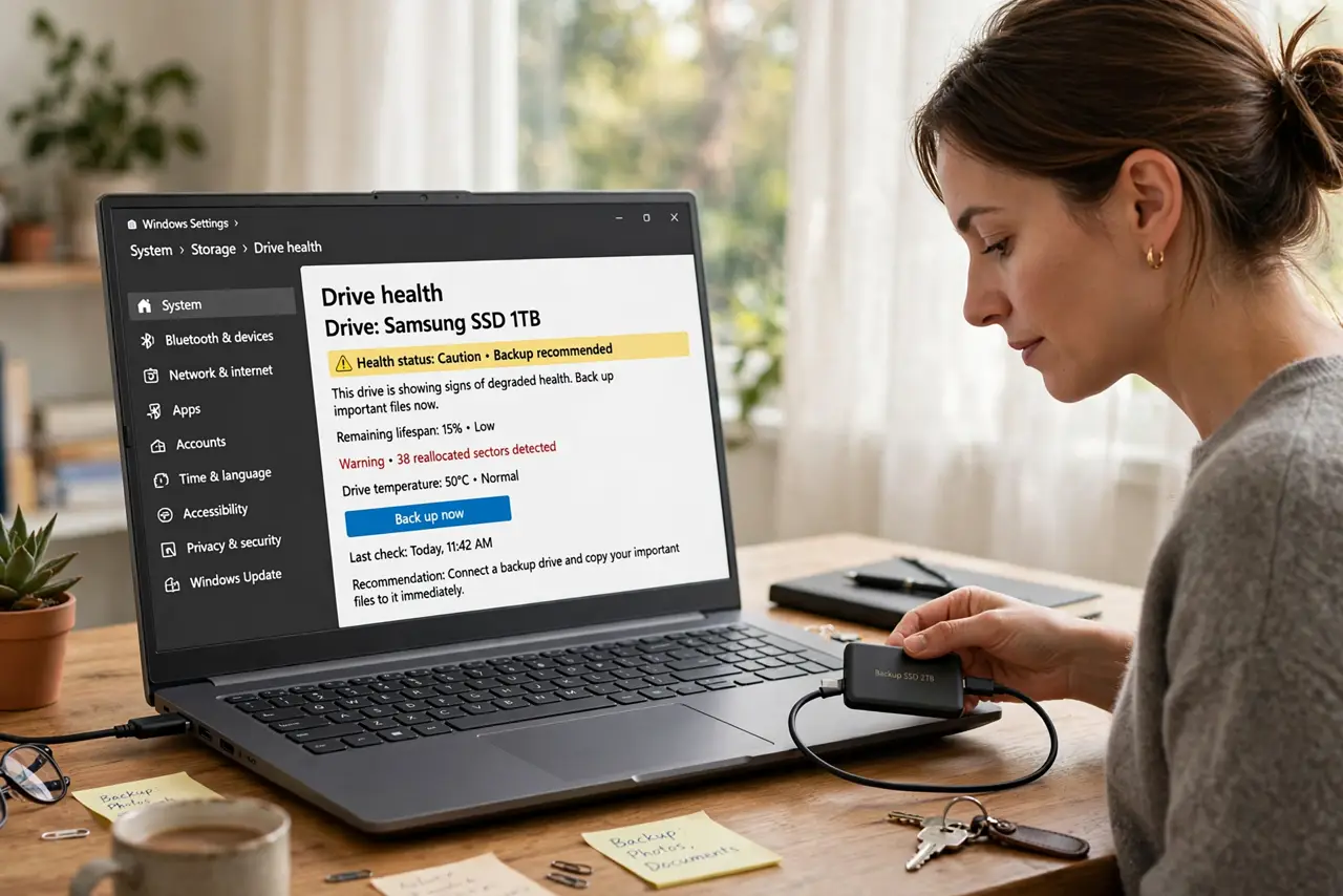 SSD Health Warning Appears? What to Do Next — photo showing the situation described in the guide.