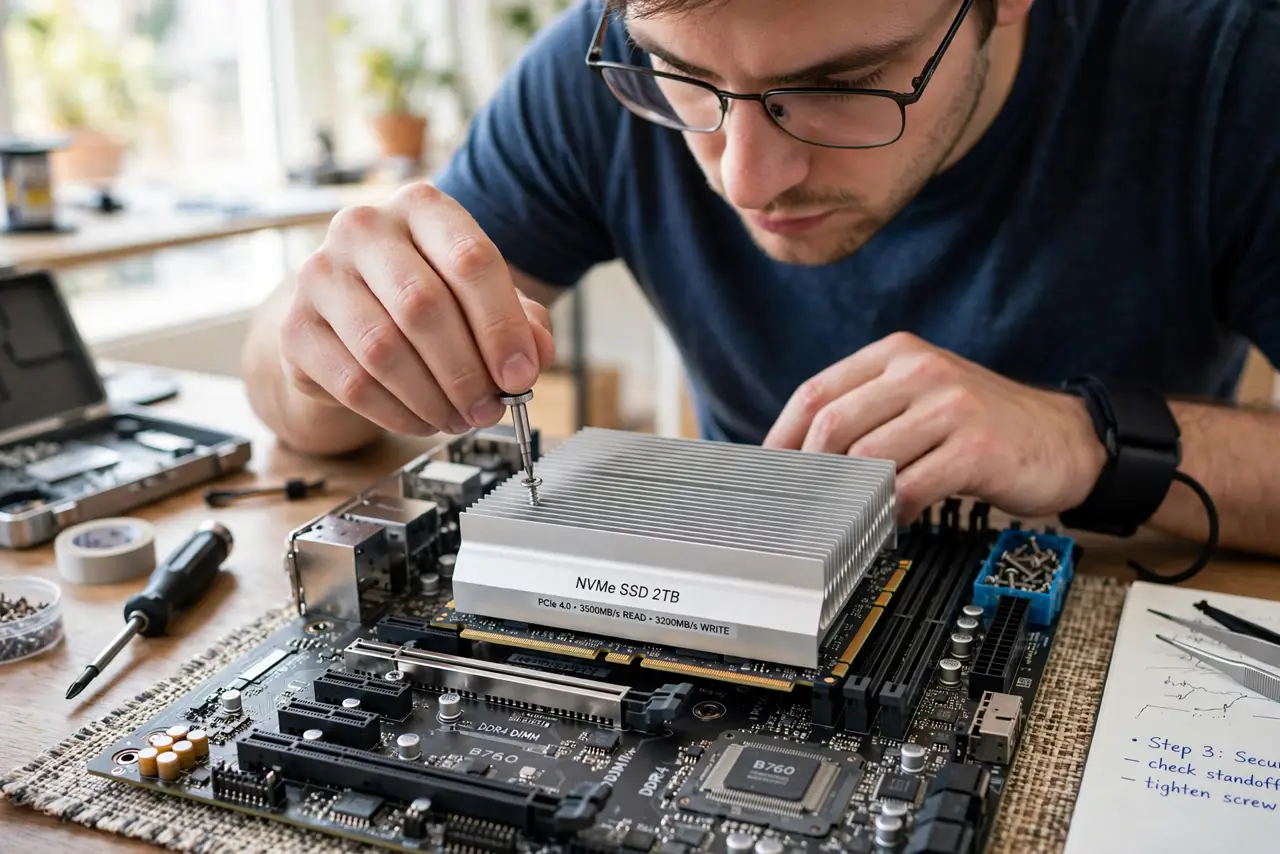 a person installing a real M.2 SSD with a slim metal heatsink into a real motherboard slot, a screwdriver nearby, the person's face focused, bright workspace. No black screen, no b.