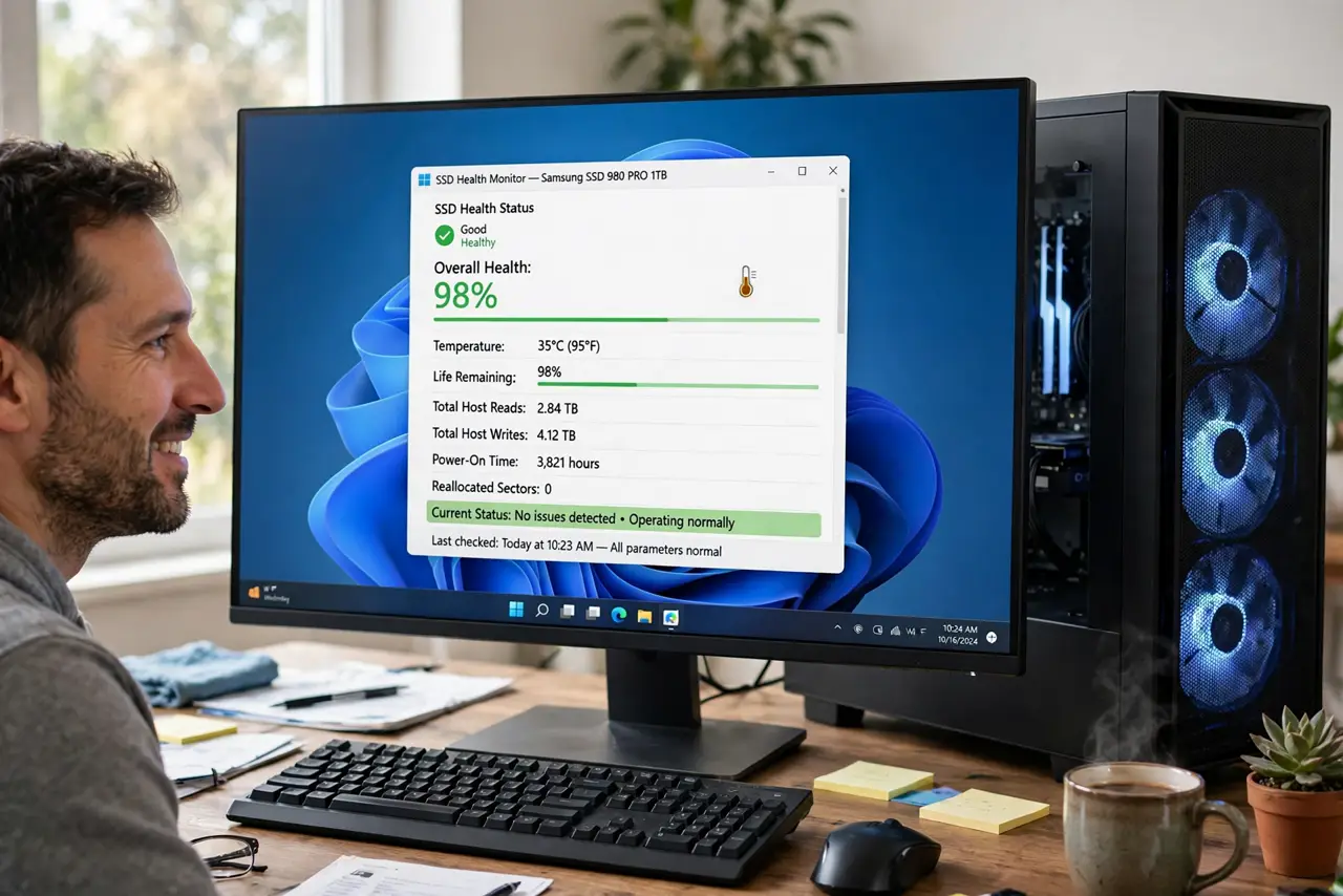 A person looking at a real computer screen showing an SSD health monitoring tool with legible percentage readings, the person's face relieved, desk with a desktop PC tower.