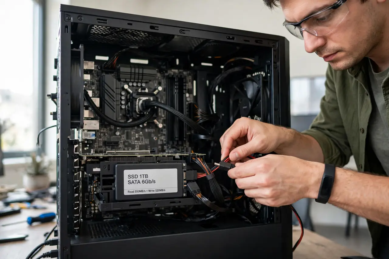 A person performing the first step: Reseat the SATA data and power cables. Power off fully, unplug both cables from the.