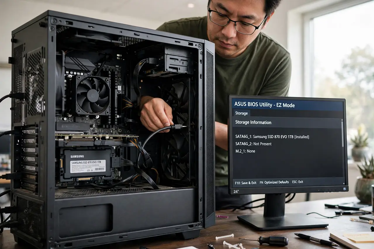 A person with an open desktop PC case checking a cable connected to a visible SSD mounted inside, a monitor nearby
