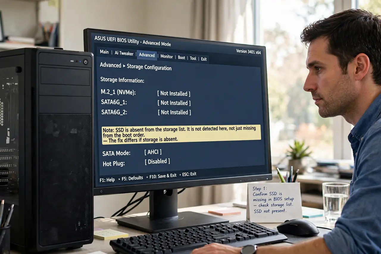 SSD Not Detected After a Move? Fix It — step 1 being performed on the device.
