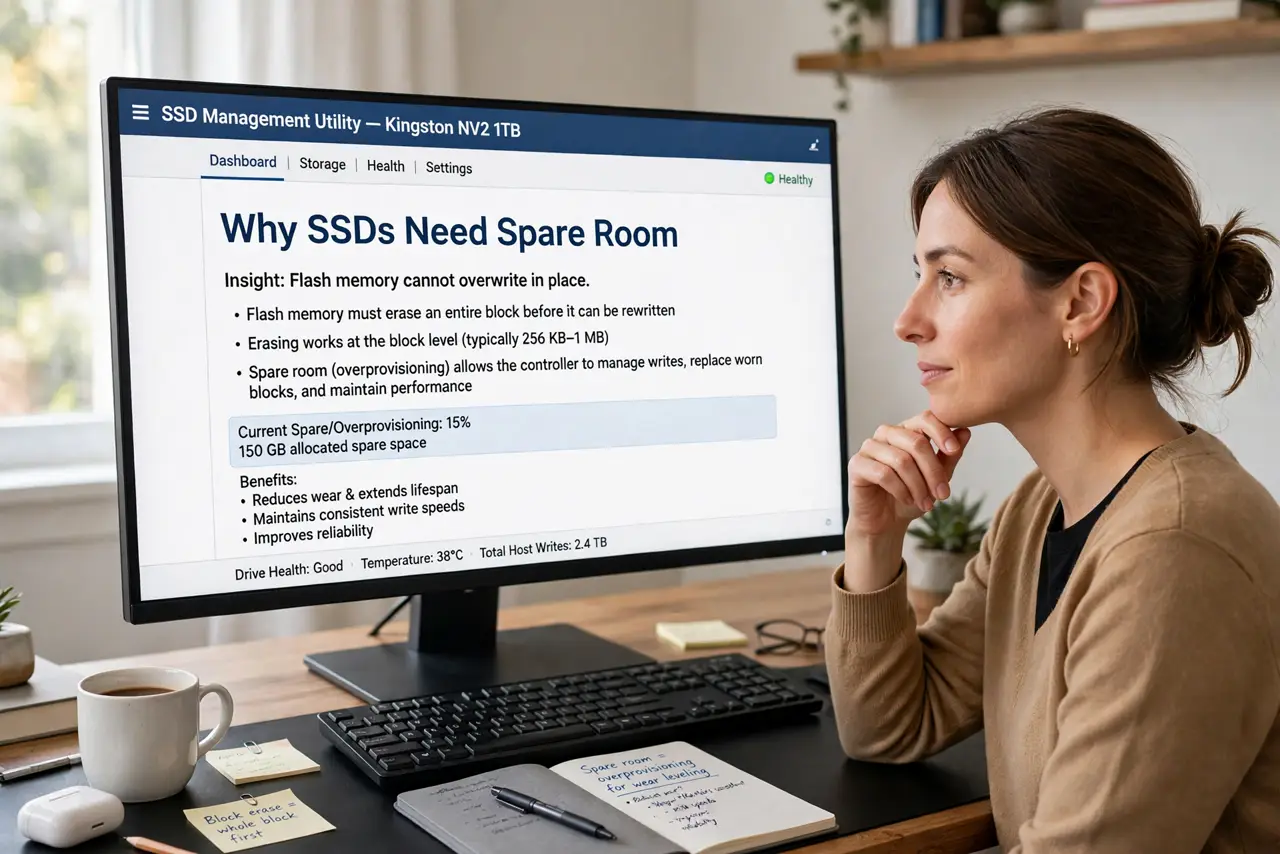 A person performing the first step: Understand why SSDs need spare room. Flash memory cannot overwrite in place — it.