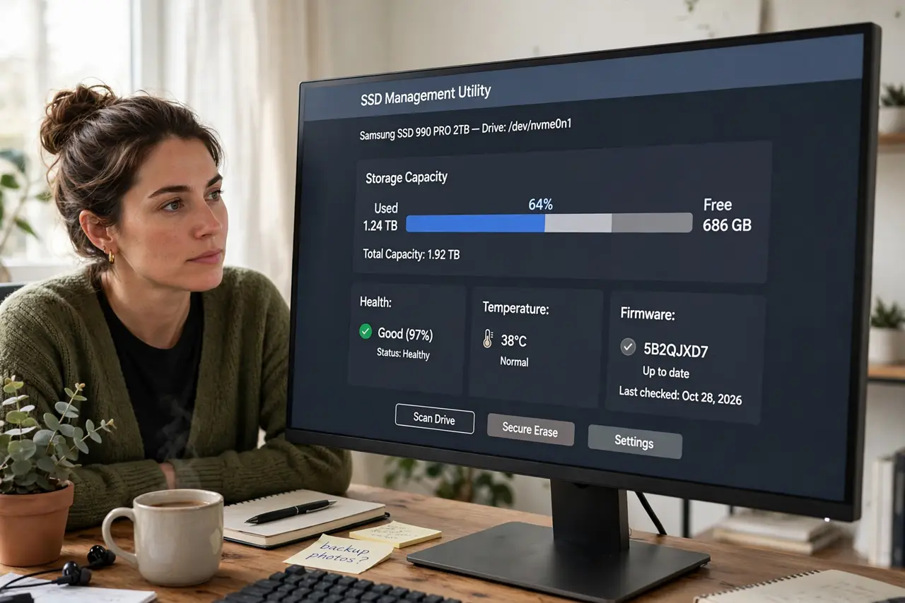 A person looking at a real monitor showing an SSD management utility with a storage capacity bar legible on screen, the