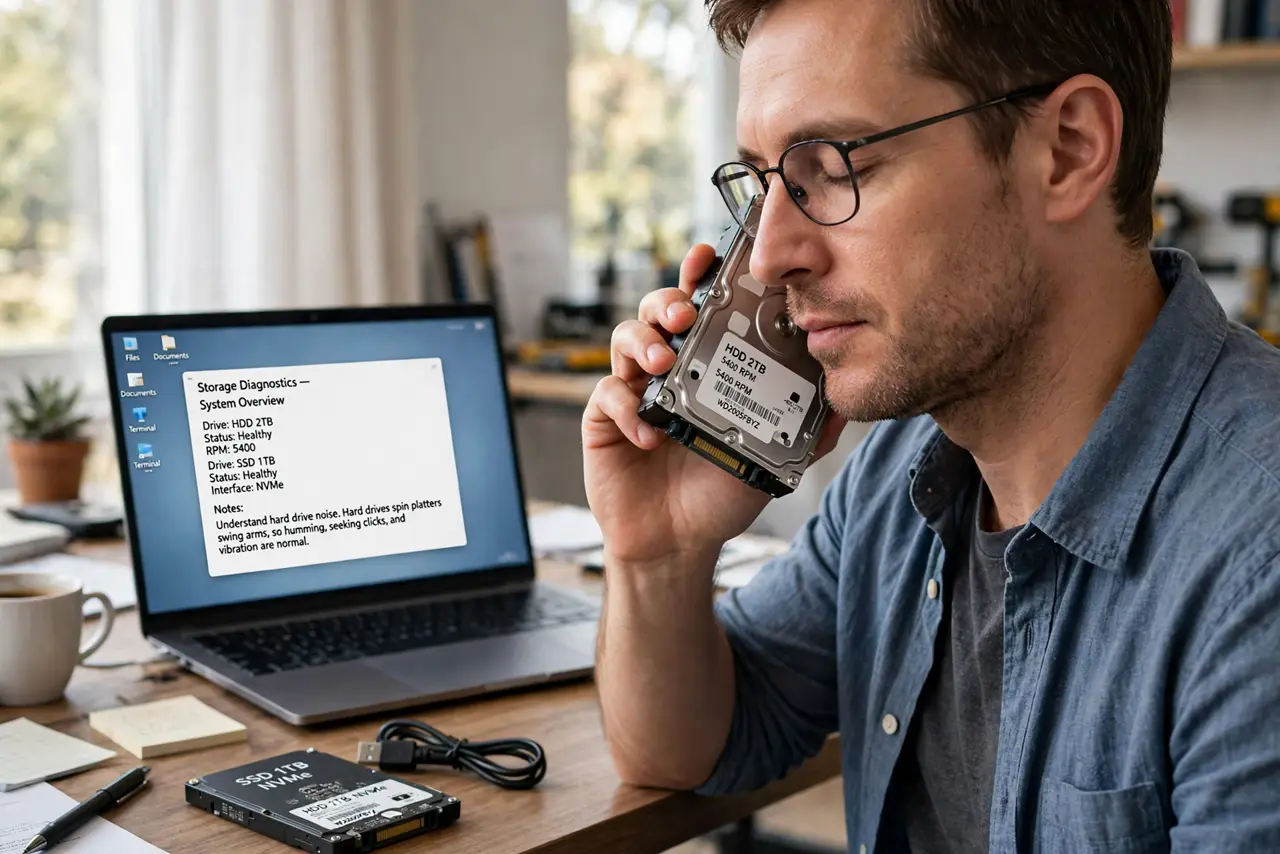 A person performing step 1 of the guide: Understand hard drive noise. Hard drives spin platters and swing arms, so humming, seeking clicks, and vibration are normal. Loud or new...